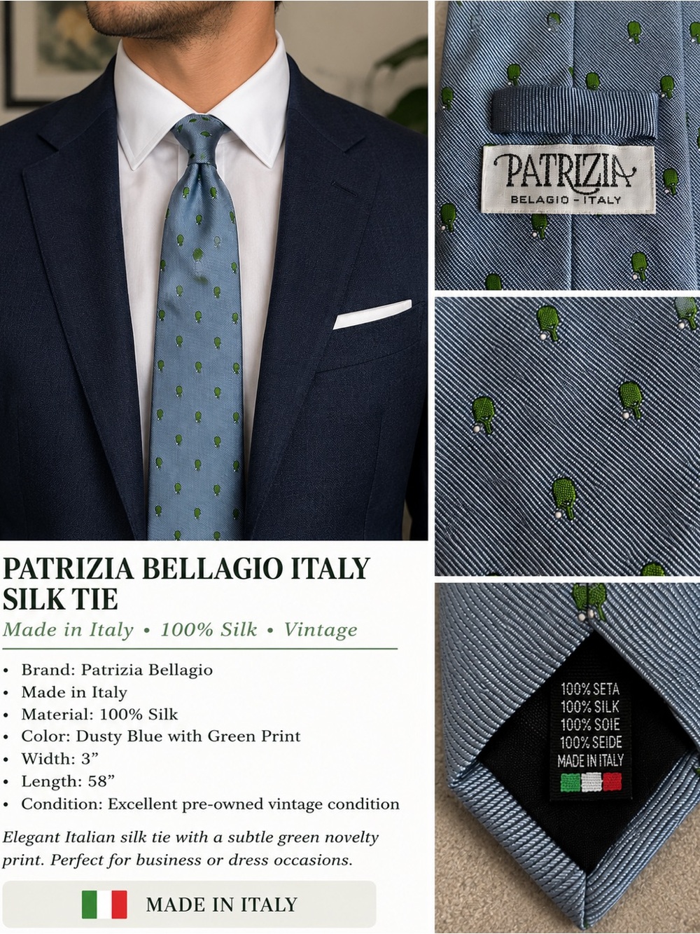 Patrizia Bellagio Italy Silk Tie Blue  Novelty Print 100% Silk Handmade Italian